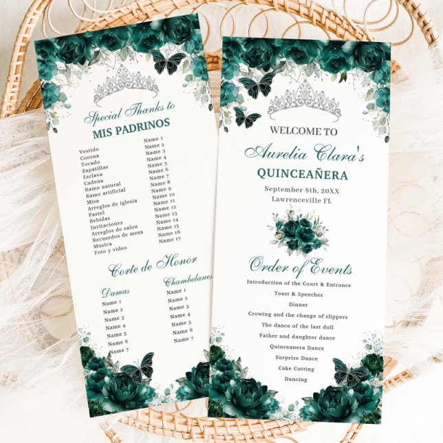 Emerald Green Floral Quinceañera Order of Events Programme (Creator Uploaded)