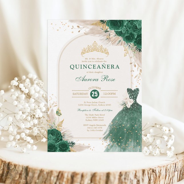 Emerald Green Floral Quinceañera Princess Dress Invitation (Creator Uploaded)