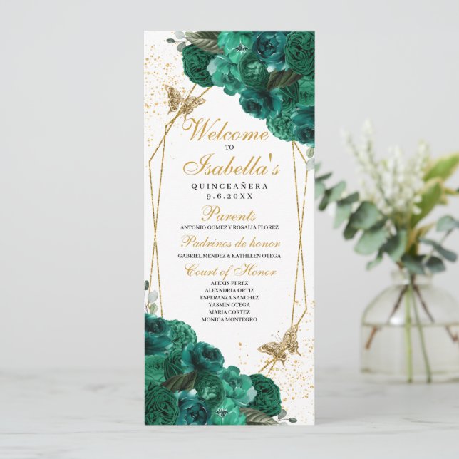 Emerald Green Floral Quinceanera Program Invitation (Standing Front)