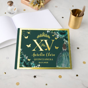 Emerald Green Floral Quinceañera Quince 15 XV Gold Guest Book
