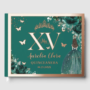 Emerald Green Floral Quinceañera Quince Rose Gold Guest Book