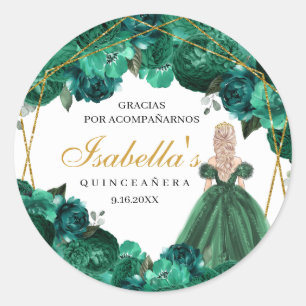 Emerald Green Floral Quinceanera Round Stickers