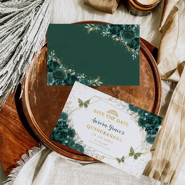 Emerald Green Floral Quinceanera Save the Date Announcement (Creator Uploaded)
