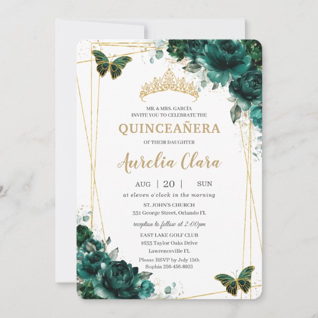 Emerald Green Floral Quinceanera Sweet 16 Birthday Invitation (Front)