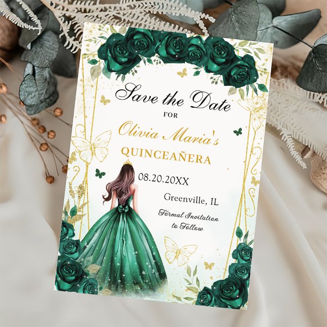Emerald Green Floral Quinceanera Sweet 16 Save The Date (Creator Uploaded)
