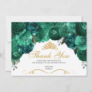 Emerald Green Floral Quinceanera Thank You Card