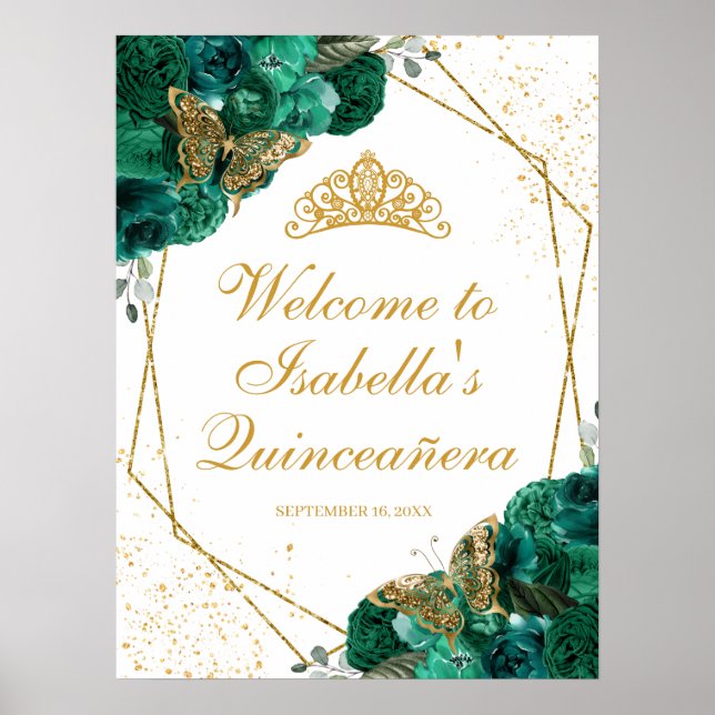 Emerald Green Floral Quinceanera Welcome Sign (Front)