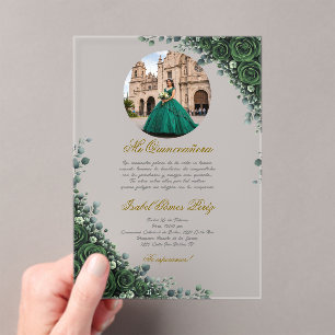 Emerald green floral Quinceanera with picture  Acrylic Invitations