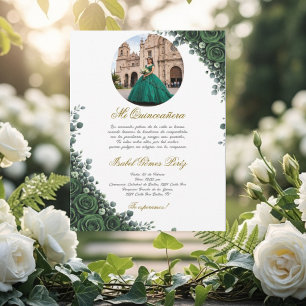 Emerald green floral Quinceanera with picture Invitation
