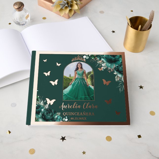 Emerald Green Floral Rose Gold Quinceañera Photo Guest Book (Front Open)