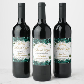 Emerald Green Floral Roses Butterflies Favour Wine Label