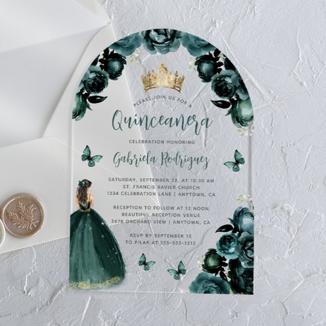 Emerald Green Floral Roses Watercolor Quinceañera Acrylic Invitations (Creator Uploaded)