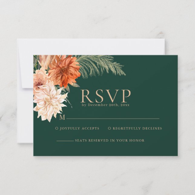 Emerald green floral rustic fall Wedding RSVP Card (Front)