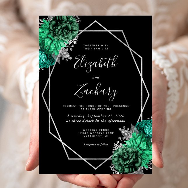 Emerald Green Floral Silver Frame Black Wedding Invitation (Creator Uploaded)