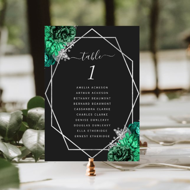Emerald Green Floral Silver Geo Black Wedding Table Number (Creator Uploaded)