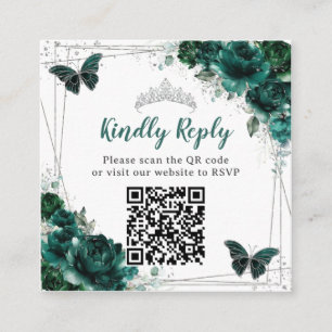 Emerald Green Floral Silver Quinceañera QR Code Enclosure Card