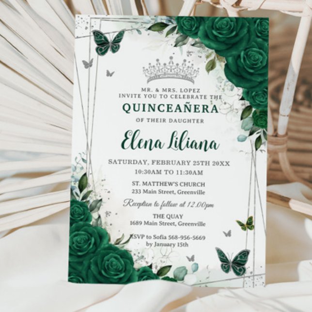 Emerald Green Floral Silver Quinceañera Sweet 16 Invitation (Creator Uploaded)