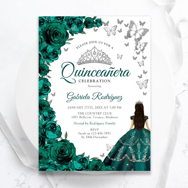 Emerald Green Floral Silver White Quinceanera Invitation (Creator Uploaded)