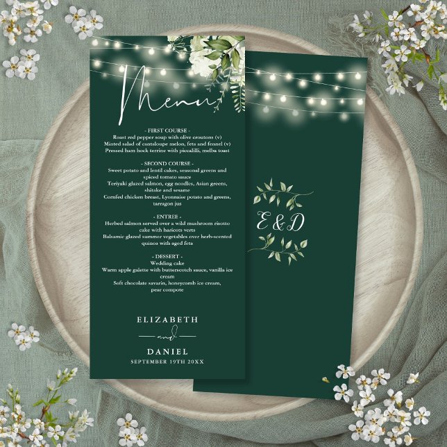 Emerald Green Floral String Lights Wedding Dinner Menu (Emerald Green Floral String Lights Wedding Dinner Menu)