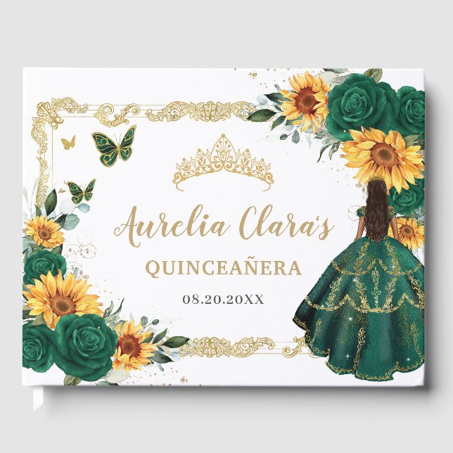Emerald Green Floral Sunflowers Gold Quinceañera Guest Book (Front)