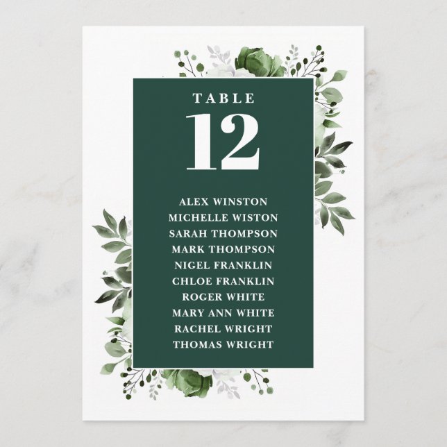 Emerald Green Floral Table Number Seating Chart (Front)