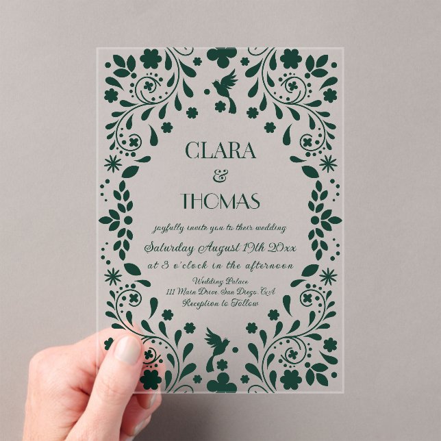 Emerald Green Floral Talavera Wedding Acrylic Invitations (Insitu (Handheld))