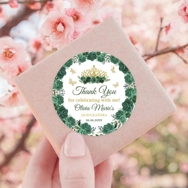 Emerald Green Floral Tiara Butterfly Quinceanera  Classic Round Sticker (Creator Uploaded)