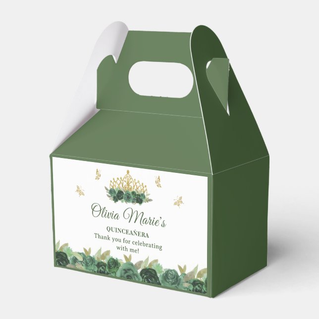 Emerald Green Floral Tiara Butterfly Quinceanera  Favour Box (Front Side)