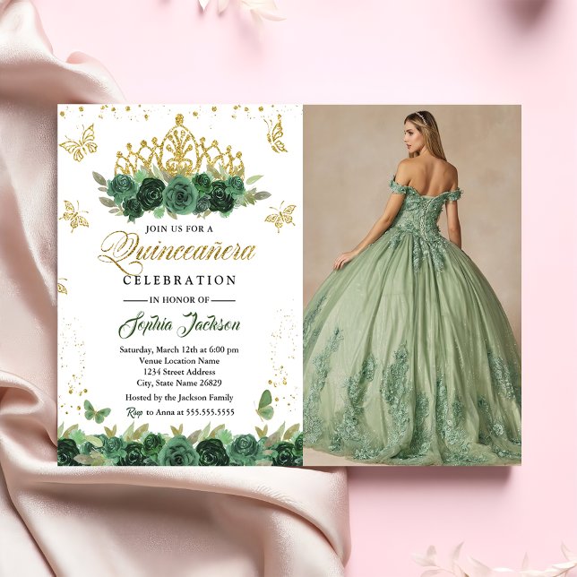 Emerald Green Floral Tiara Butterfly Quinceanera  Invitation (Creator Uploaded)