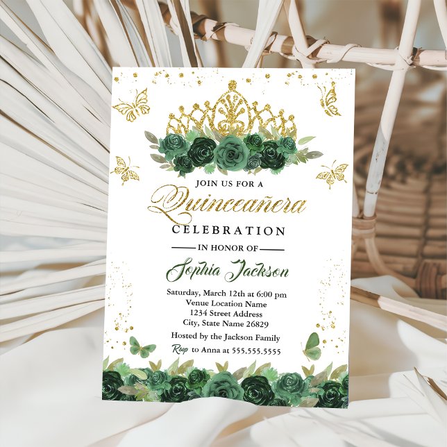Emerald Green Floral Tiara Butterfly Quinceanera  Invitation (Creator Uploaded)
