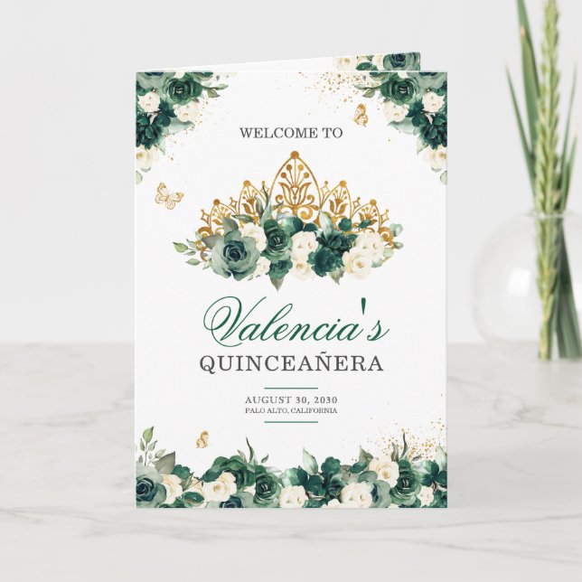 Emerald Green Floral Tiara Butterfly Quinceanera Programme (Front)