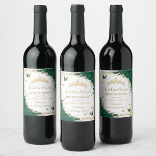 Emerald Green Floral Vintage Gold Quinceañera Wine Label