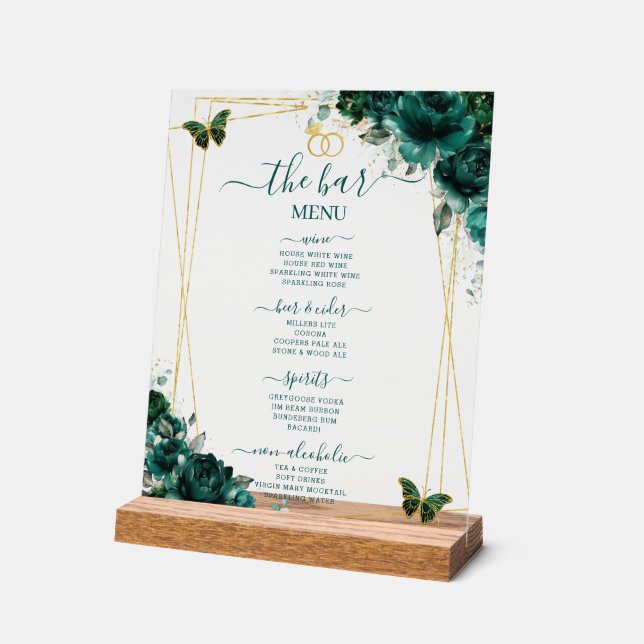 Emerald Green Floral Wedding Bar Cocktail Menu Acrylic Sign (Angle)