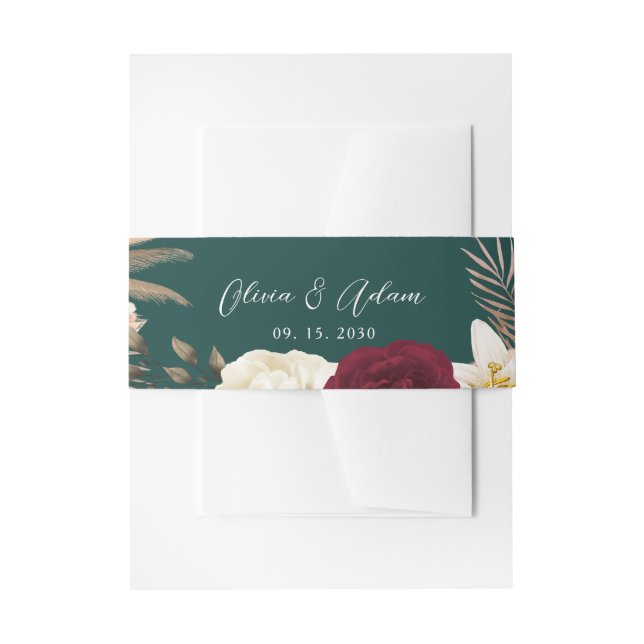 Emerald Green Floral Wedding Belly Band Invitation Belly Band (Front Example)