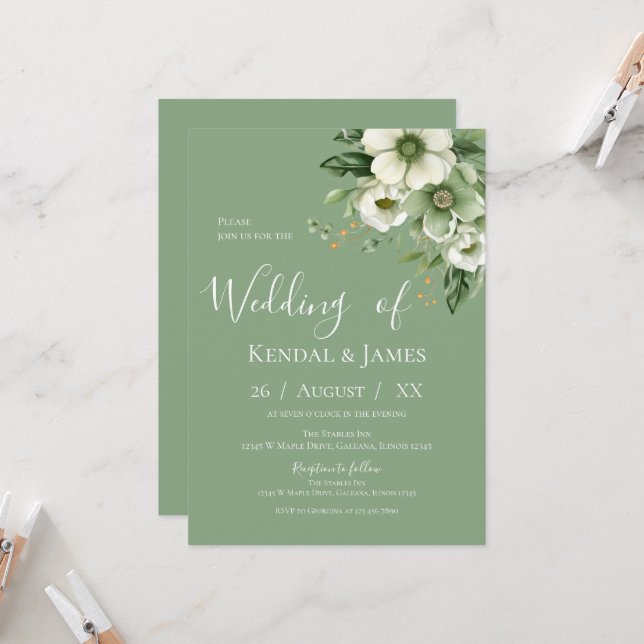 Emerald Green Floral Wedding  Invitation (Front/Back In Situ)
