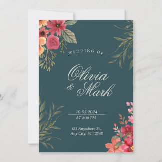 Emerald Green Floral Wedding Invitation