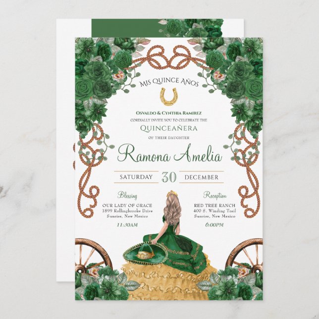 Emerald Green Floral Western Charra Quinceañera  Invitation (Front/Back)