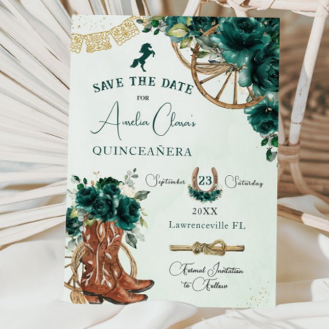 Emerald Green Floral Wild West Charro Quinceañera  Save The Date (Creator Uploaded)