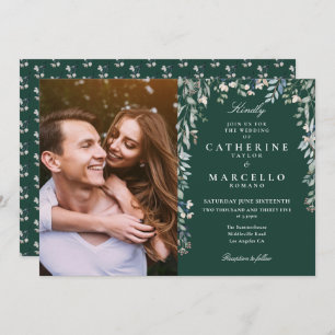 Emerald Green Floral Wildflowers Photo Wedding Invitation