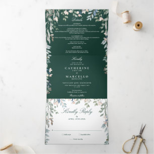 Emerald Green Floral Wildflowers Photo Wedding Tri-Fold Invitation