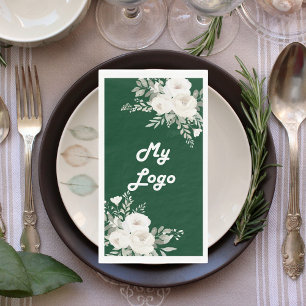 Emerald green florals sage green business logo napkin