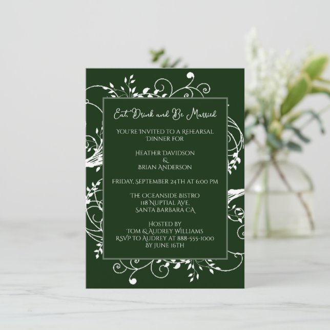 Emerald Green Flourish Rehearsal Dinner Invitation (Standing Front)