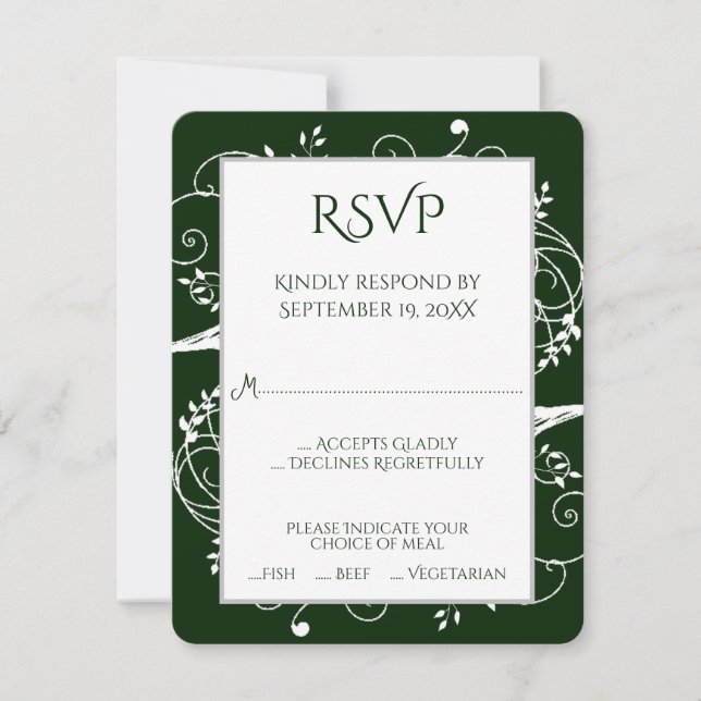 Emerald Green Flourish Wedding RSVP Card (Front)