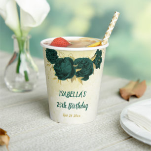 emerald green flowers and gold leaves  paper cups