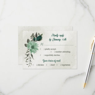 emerald green flowers botanical meal choice RSVP card