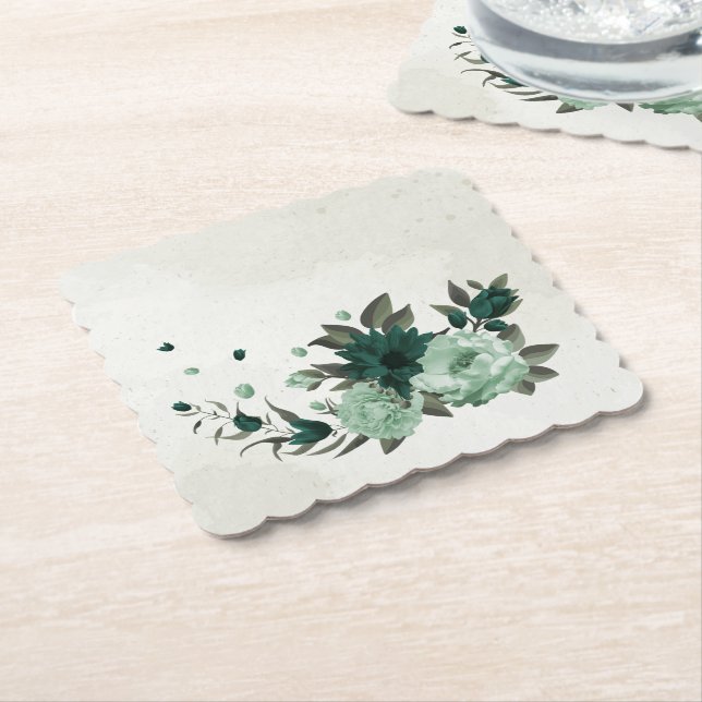 emerald green flowers botanical paper coaster (Angled)