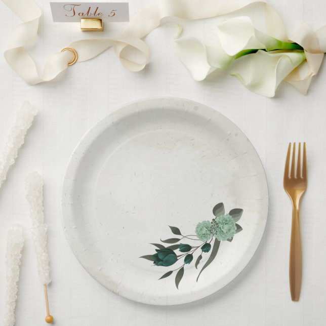 emerald green flowers botanical paper plate (Wedding)