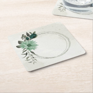emerald green flowers botanical square paper coaster