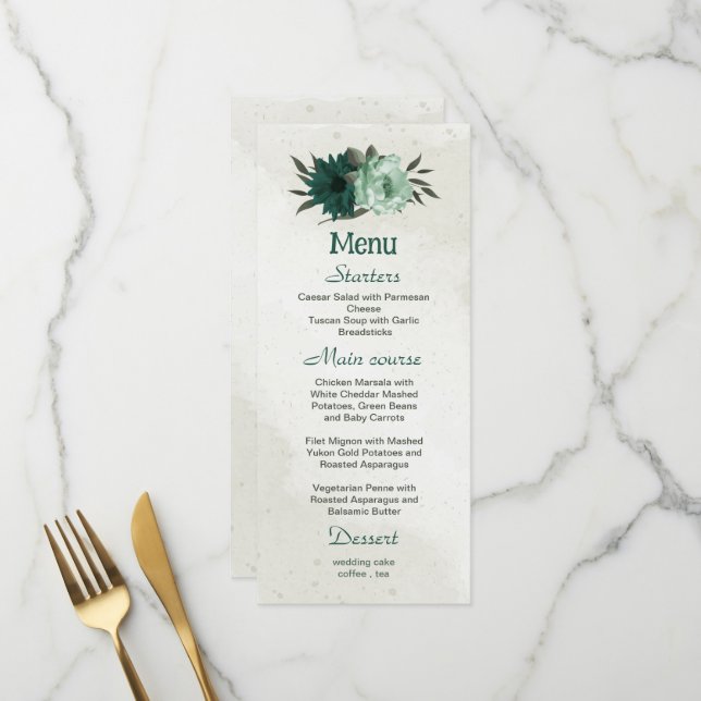 emerald green flowers botanical wedding  menu (Front/Back In Situ)