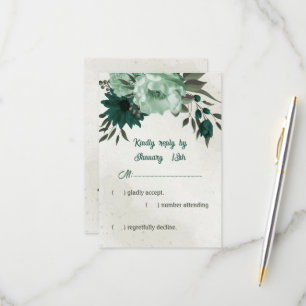 emerald green flowers botanical wedding RSVP card